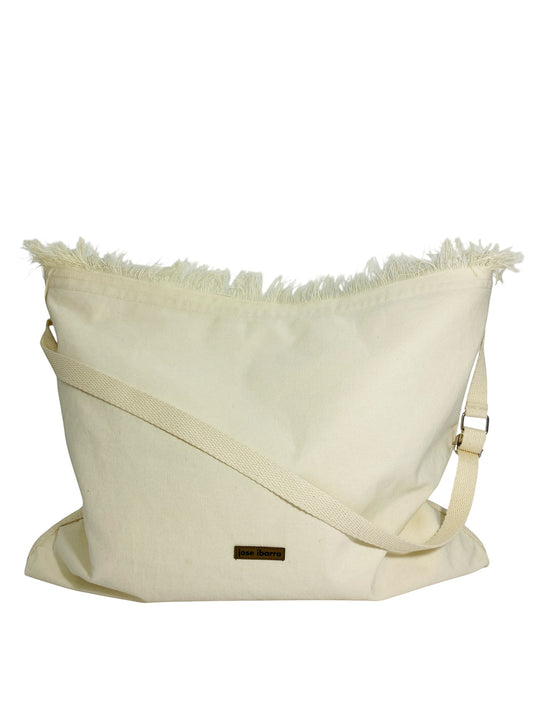 Jose Ibarra Estudio natural canvas tote bag with hand-painted art and frayed edges. Adjustable strap, 60x40cm.