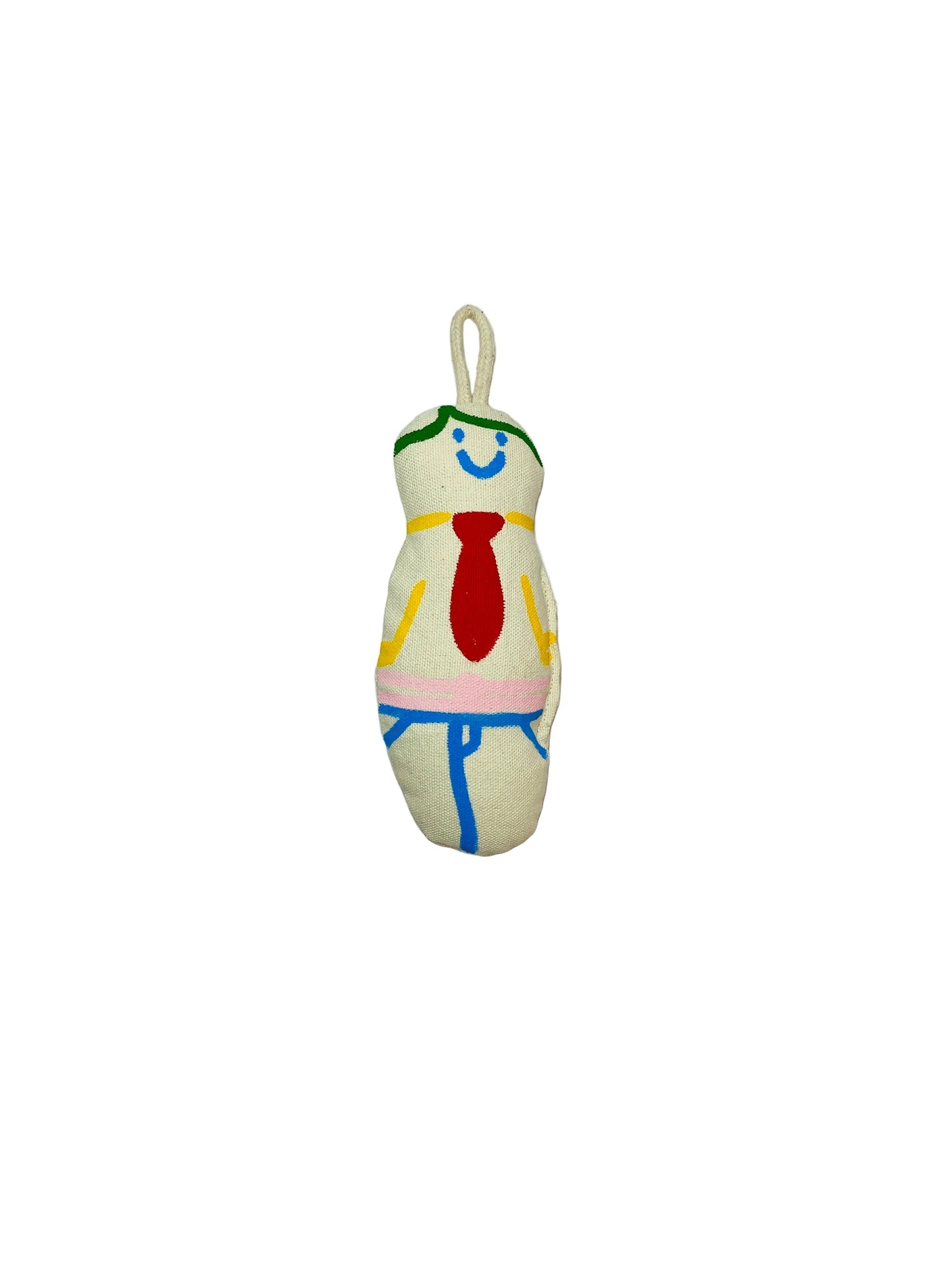 Jose Ibarra Estudio handmade cream cotton keychain with hand-painted smiling face, red tie, and blue overalls design.
