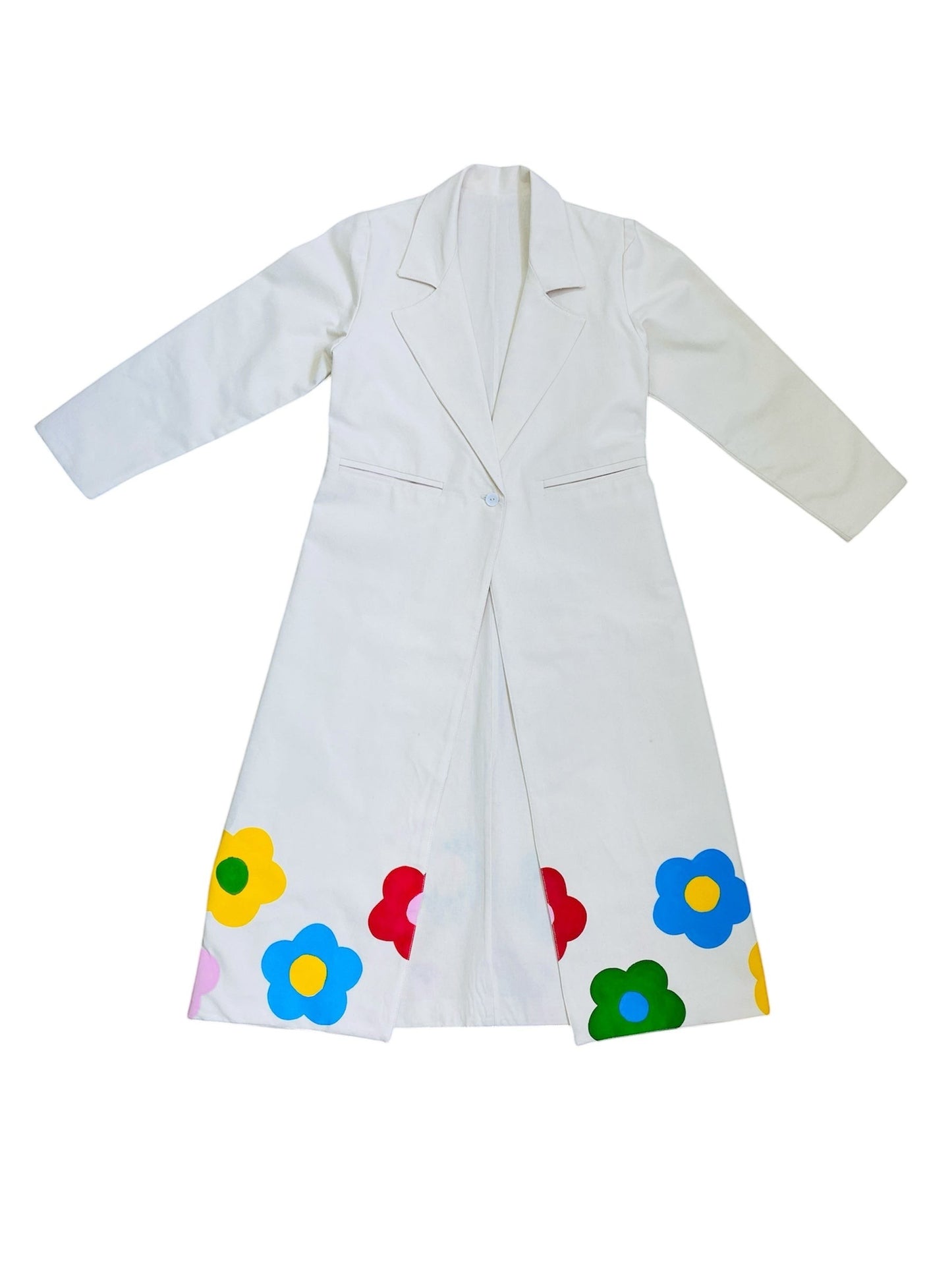Jose Ibarra Estudio white 100% cotton canvas long jacket, hand-painted with colorful flowers on the hem.