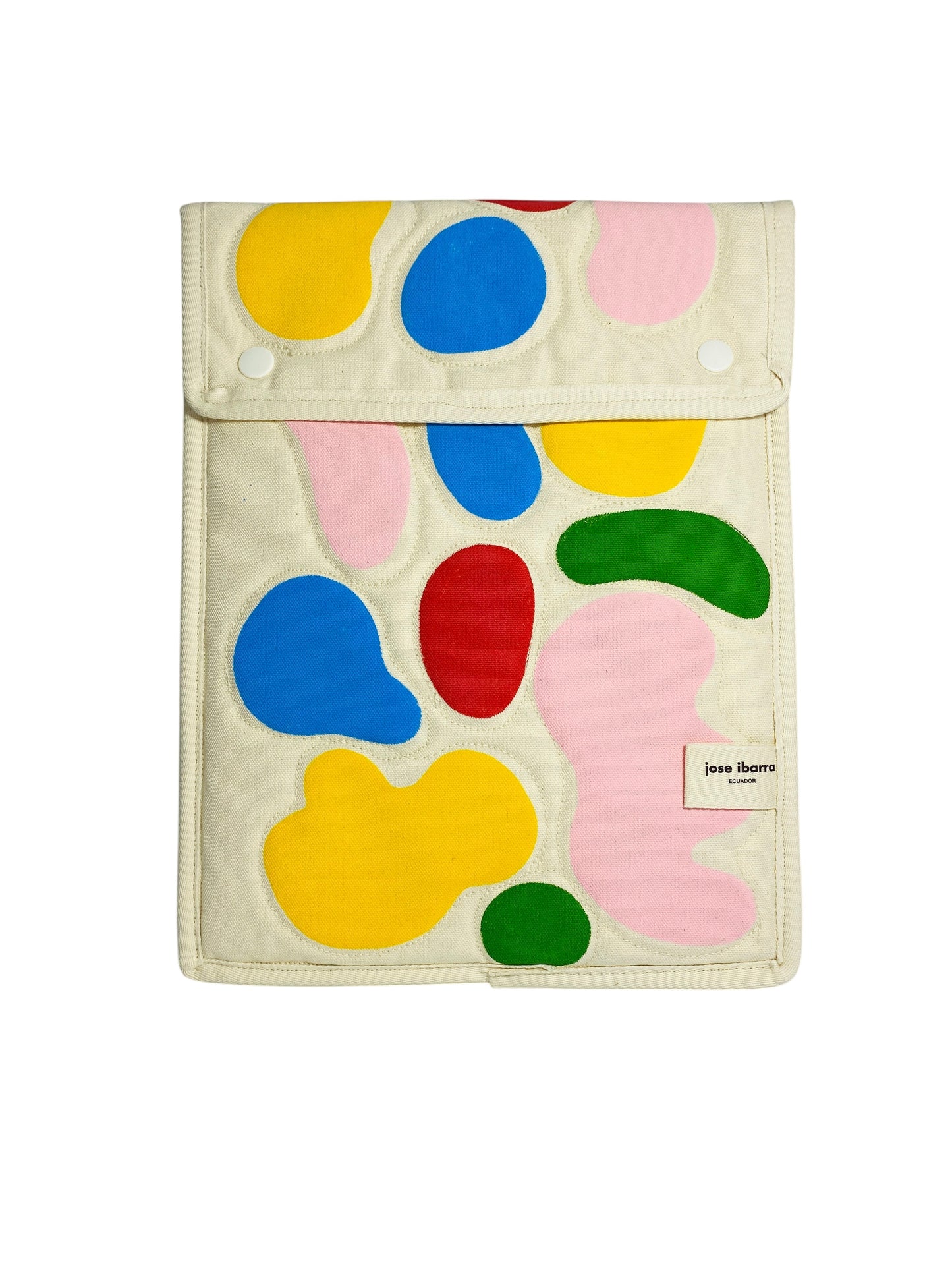 Jose Ibarra Estudio cream cotton iPad sleeve with a colourful abstract blob pattern, hand-painted design.