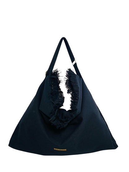 Jose Ibarra Estudio black cotton canvas tote bag with hand-painted art detail and frayed edges, adjustable strap, 60x40cm.