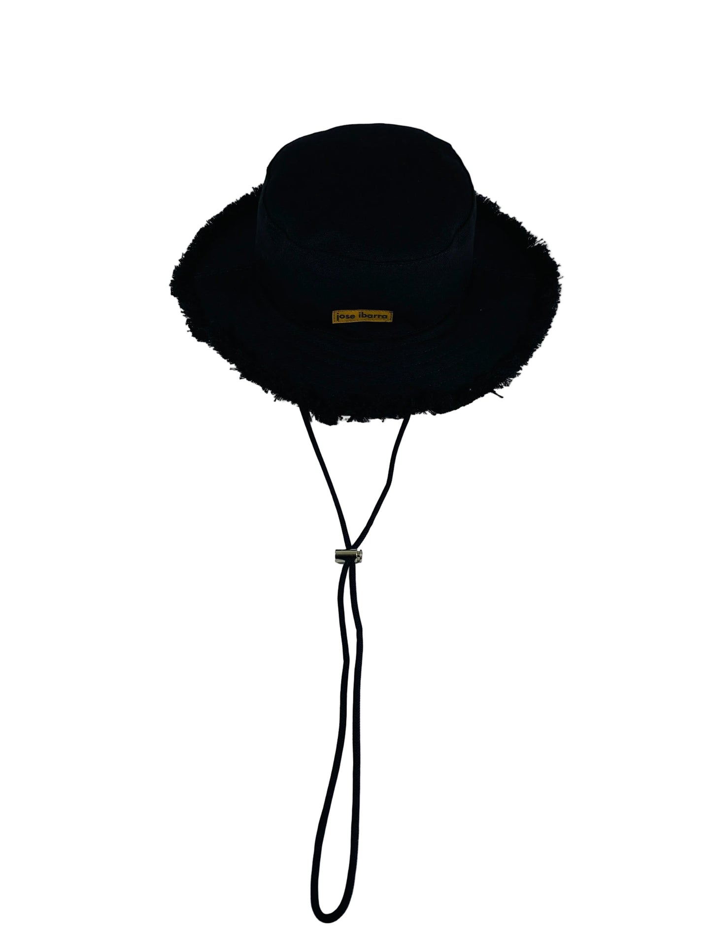 Jose Ibarra Estudio black cotton bucket hat with frayed brim and adjustable chin strap. Hand-painted details.