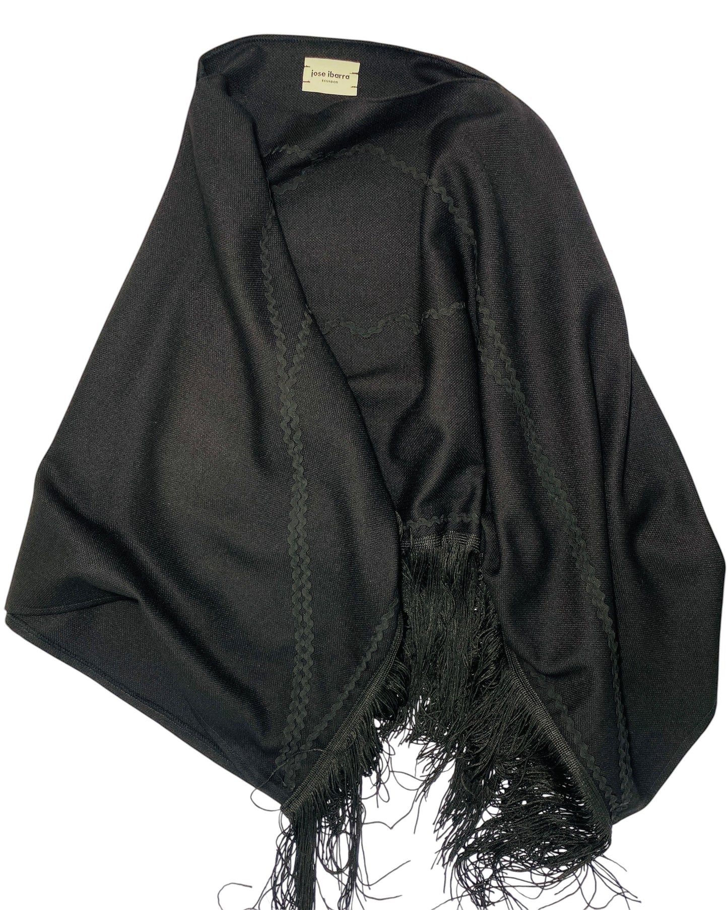 Jose Ibarra Estudio black wool blend shawl with zigzag stitching and artisanal fringe