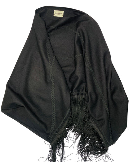 Jose Ibarra Estudio black wool blend shawl with zigzag stitching and artisanal fringe