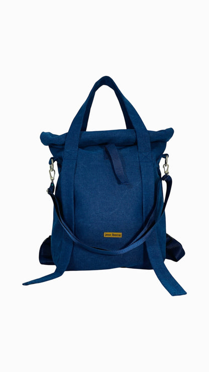 Jose Ibarra Estudio blue cotton canvas multi-use bag, hand-painted design, convertible tote, backpack, or crossbody style.