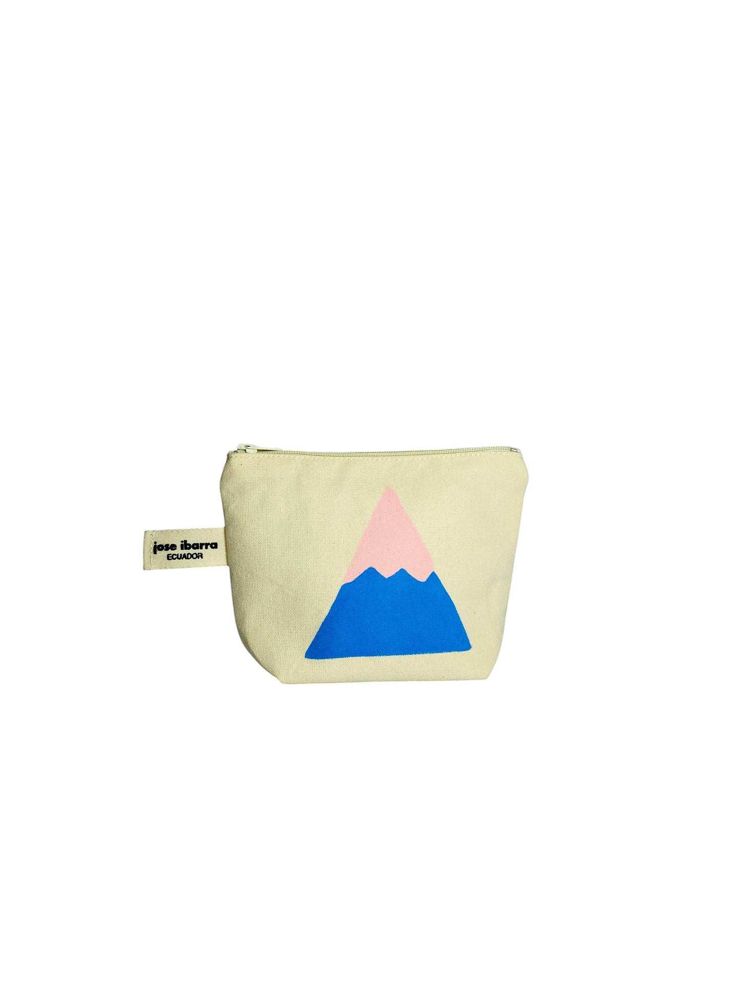 Jose Ibarra Estudio cream canvas cosmetic bag with blue and pink mountain graphic, hand-painted design.
