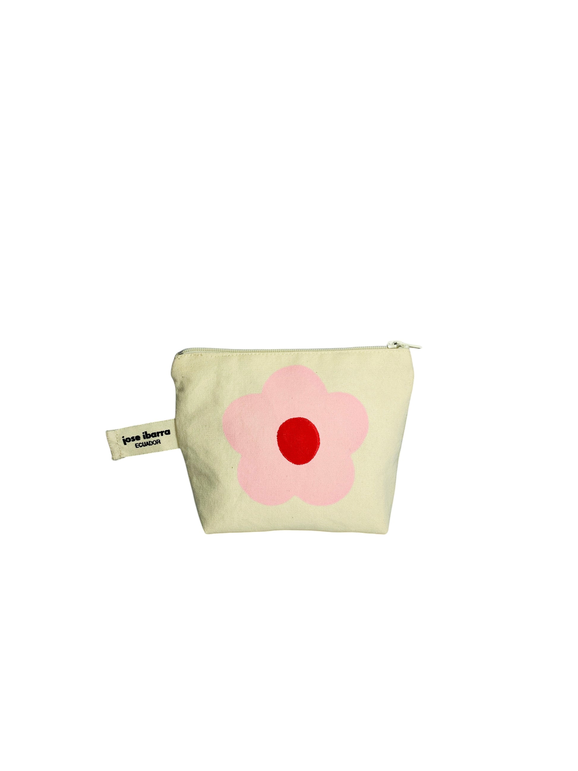 Jose Ibarra Estudio cream canvas cosmetic bag with pink flower and red center, hand-painted design.