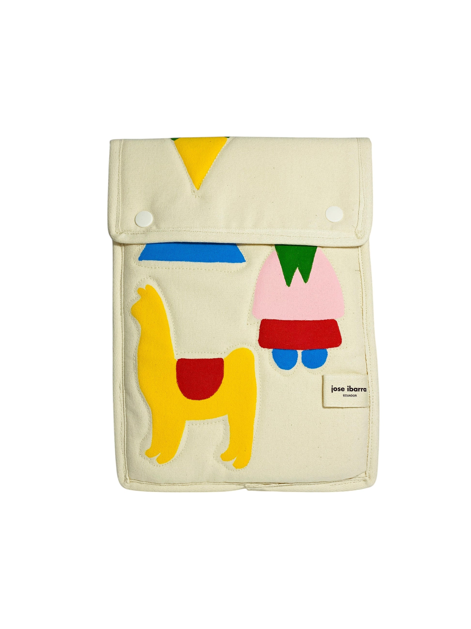 Jose Ibarra Estudio cream canvas iPad sleeve with hand-painted llama and abstract colourful applique details. Snap closure.
