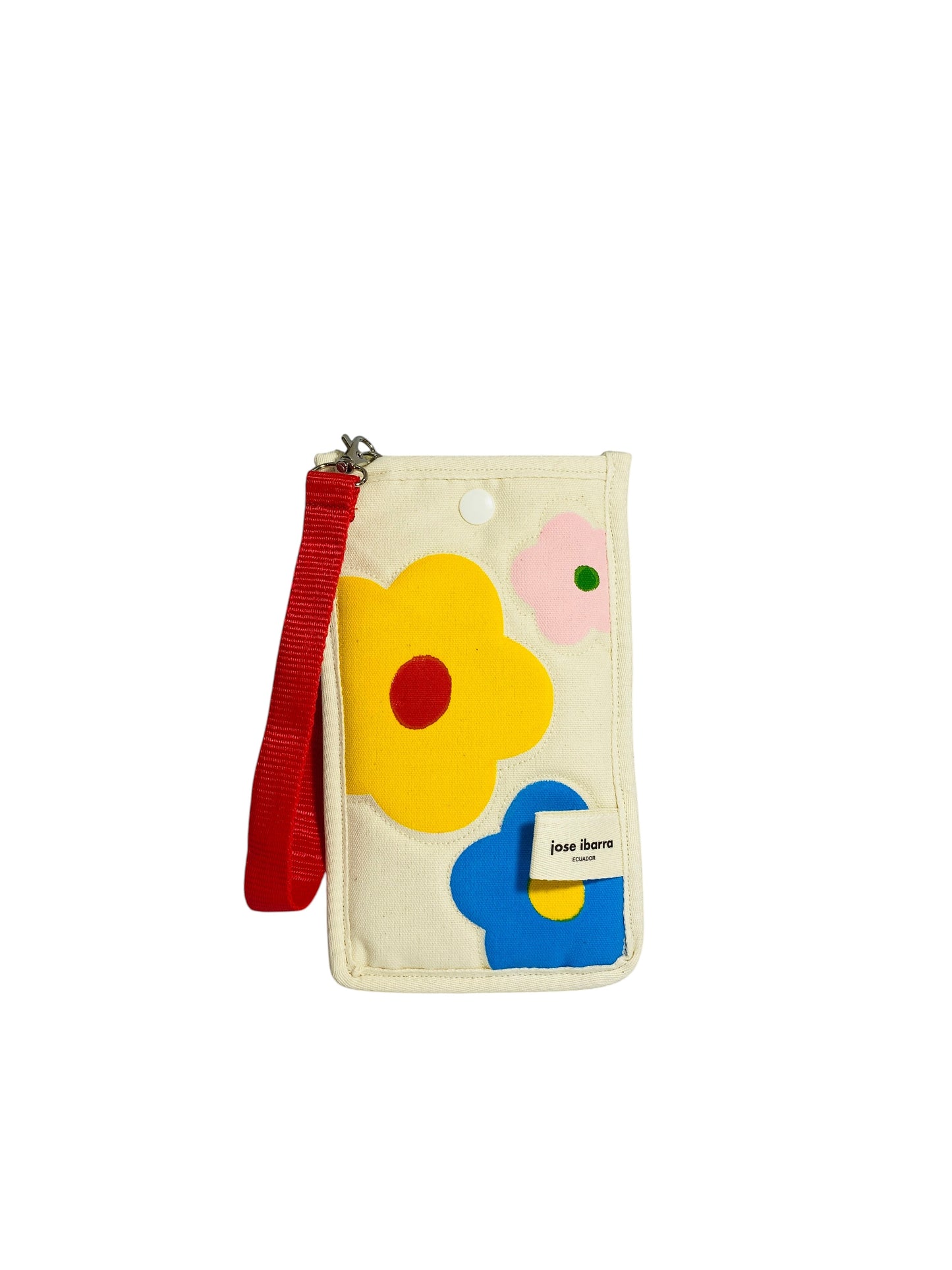 Jose Ibarra Estudio cream canvas phone case with hand-painted floral appliques in yellow, blue, and pink.