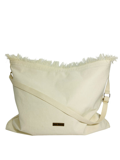 Jose Ibarra Estudio natural canvas tote bag with hand-painted art and frayed edges. Adjustable strap, 60x40cm.