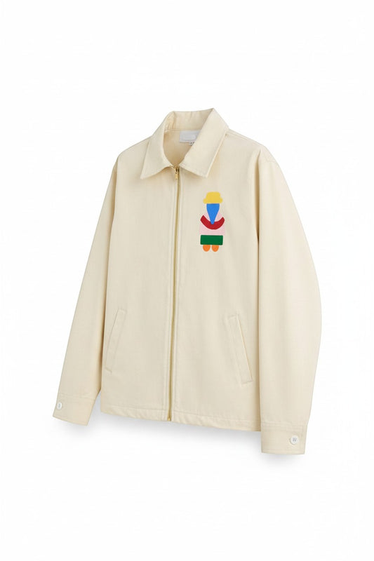 Jose Ibarra Estudio cream 100% cotton unisex jacket with hand-painted Andean cholita motif in vibrant colours.