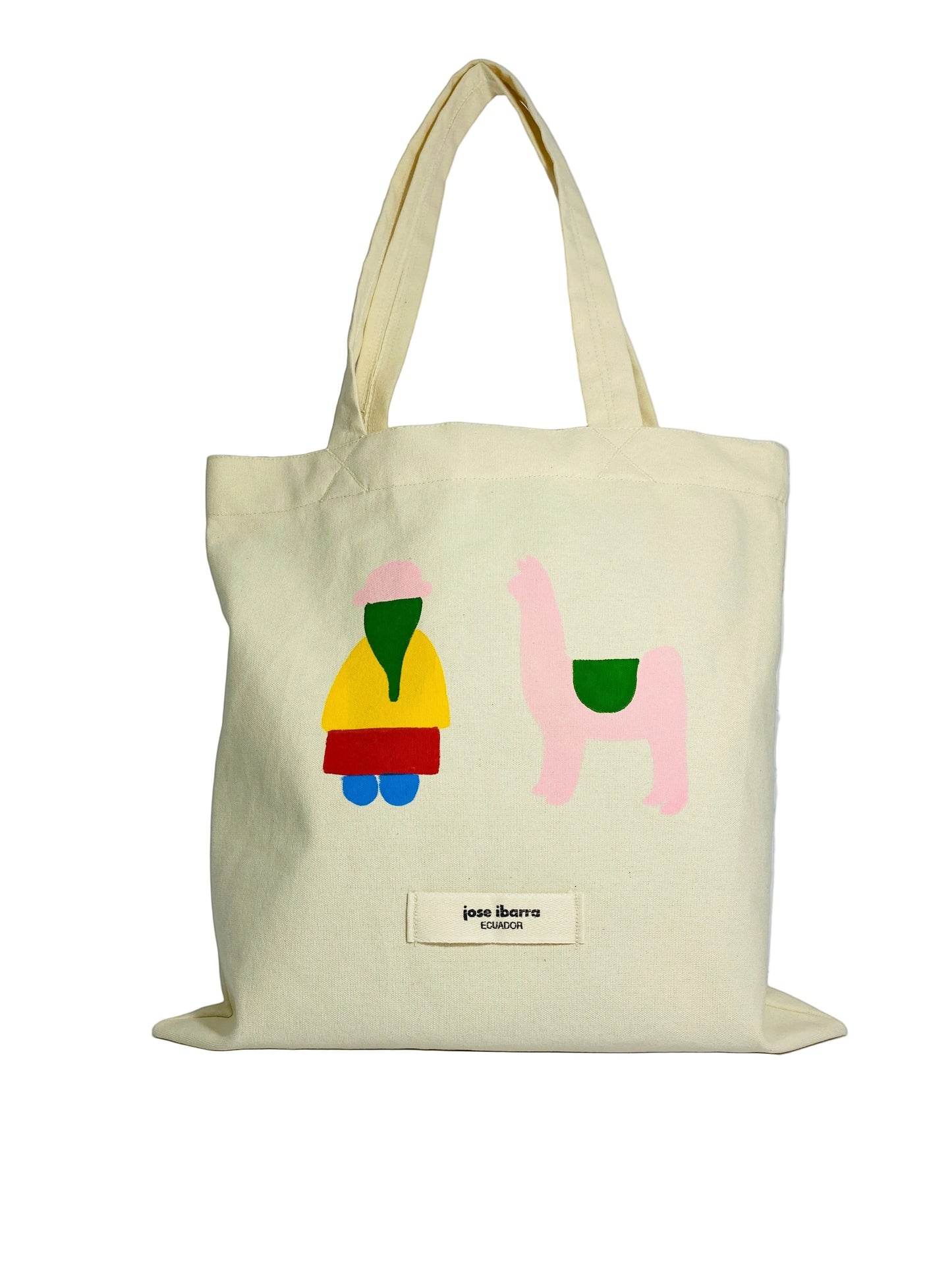 Jose Ibarra Estudio cream cotton tote bag with hand-painted figures of a person and a llama in colorful abstract style.