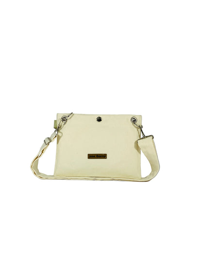Jose Ibarra Estudio cream canvas pouch, hand-painted with a detachable strap and internal lining. Measures 23x17 cm.