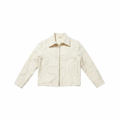 Jose Ibarra Estudio cream cotton jacket and pants set with abstract wavy line embroidery. Unisex design.