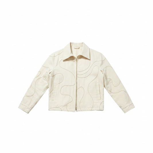 Jose Ibarra Estudio cream cotton jacket and pants set with abstract wavy line embroidery. Unisex design.