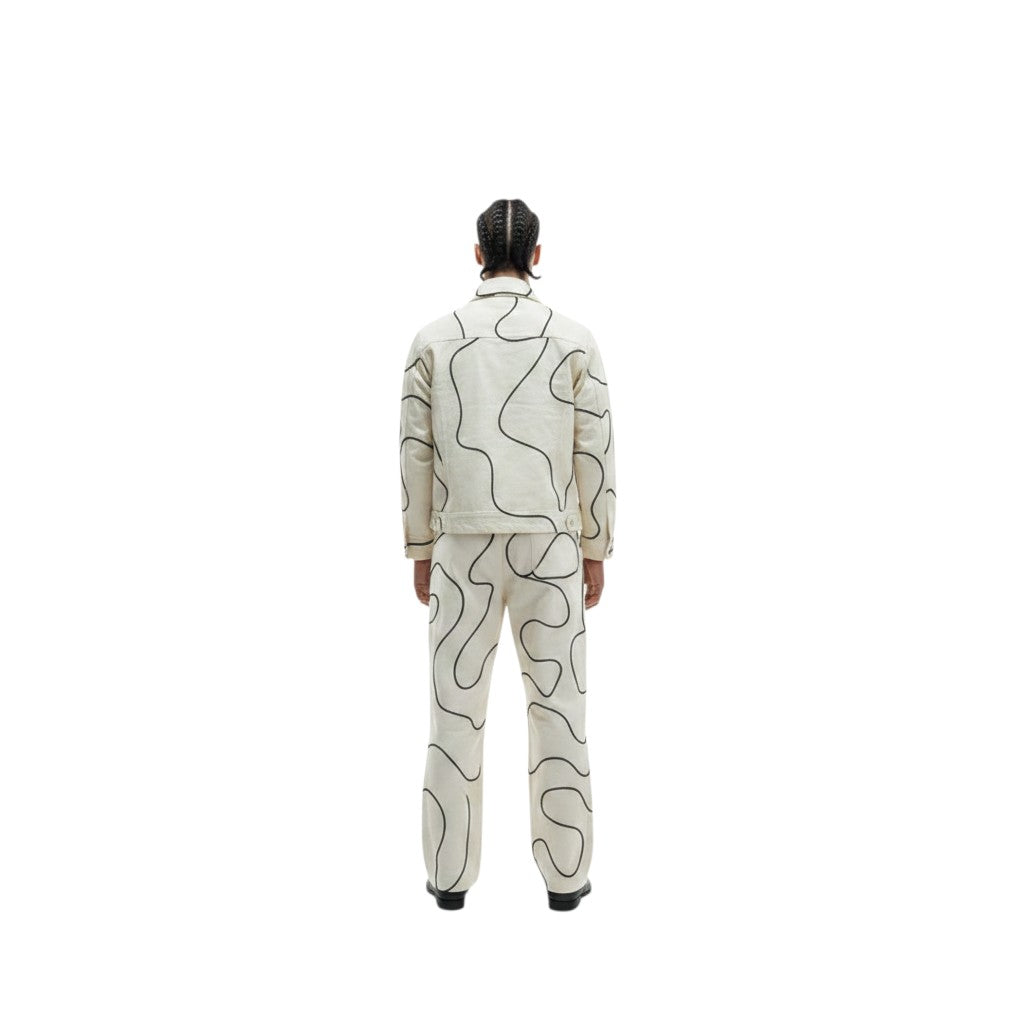 Jose Ibarra Estudio cream cotton jacket with black abstract line art, unisex, hand-painted design.
