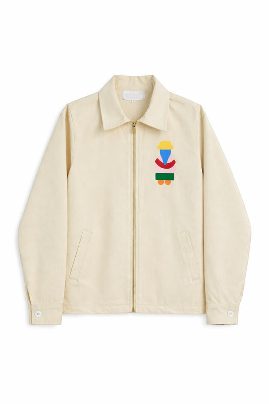 Jose Ibarra Estudio cream 100% cotton jacket with hand-painted Andean cholita motif in vibrant colors. Unisex design.