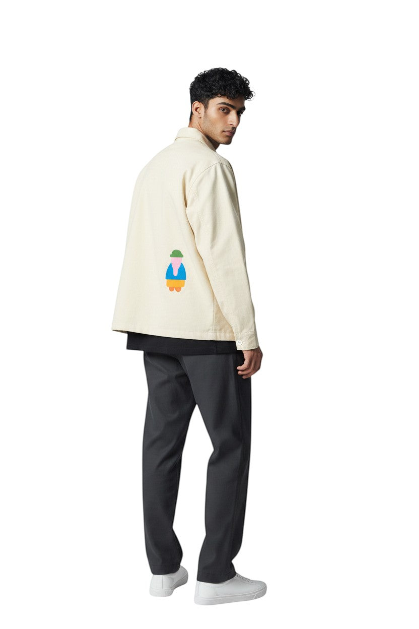 Jose Ibarra Estudio cream 100% cotton unisex jacket with hand-painted Andean figure motif.