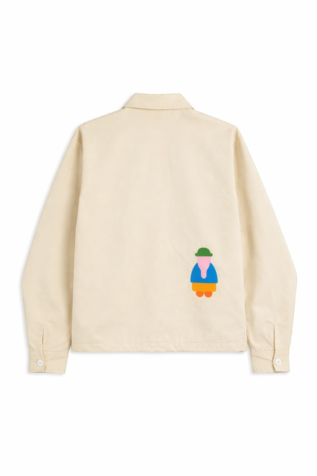 Jose Ibarra Estudio cream 100% cotton unisex jacket with hand-painted Andean figure motif. Features a classic collar and button cuffs.
