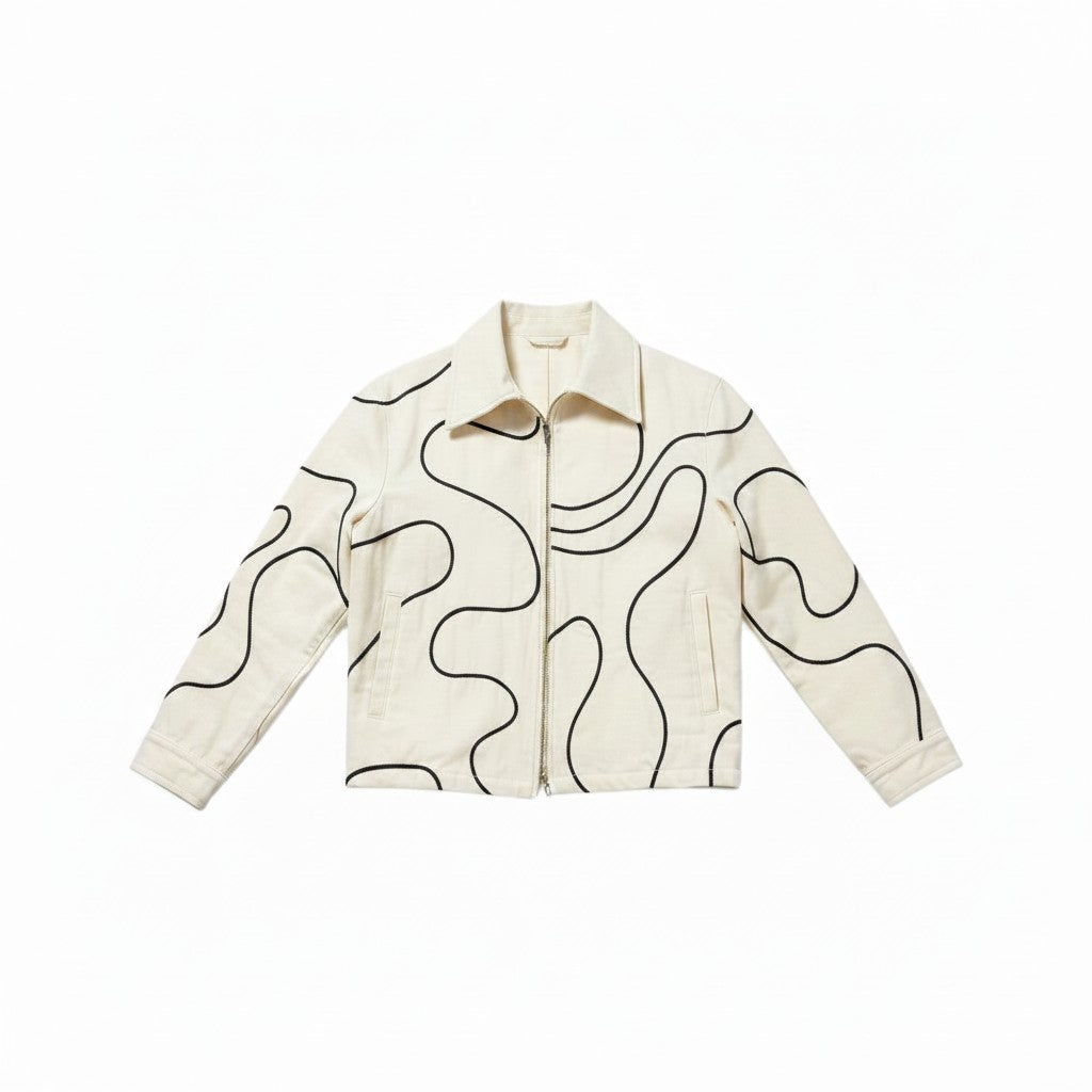 Jose Ibarra Estudio cream 100% cotton canvas jacket with hand-painted wavy line stitching detail, unisex design.