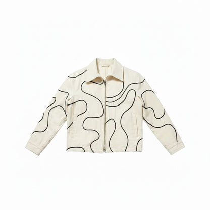 Jose Ibarra Estudio cream 100% cotton canvas jacket with hand-painted wavy line stitching detail, unisex design.