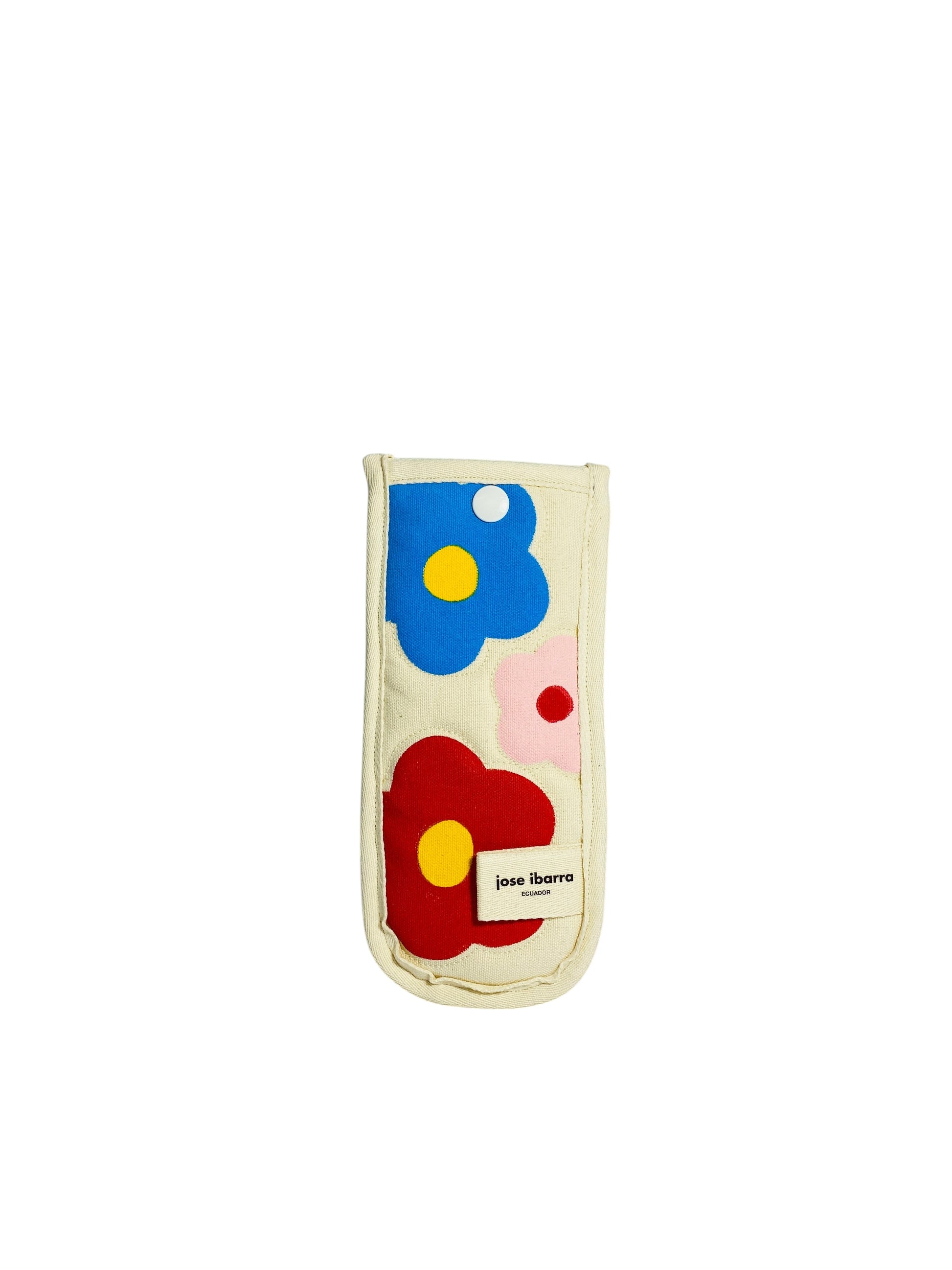 Jose Ibarra Estudio cream cotton glasses case with hand-painted floral appliques in blue, red, and pink.