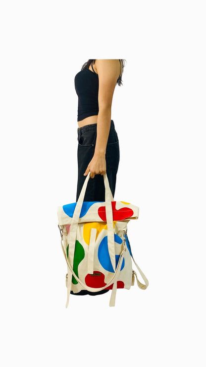 Jose Ibarra Estudio multi-use tote bag with hand-painted abstract colorful shapes on thick cotton canvas.