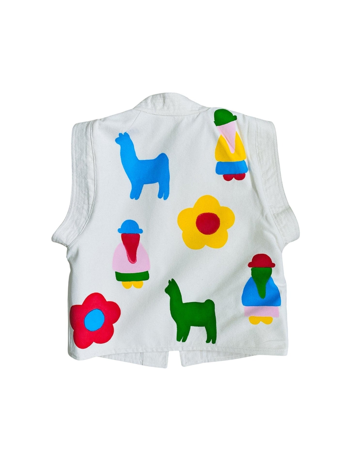 Jose Ibarra Estudio white 100% cotton canvas vest, hand-painted with colourful llamas, flowers, and figures. Sleeveless design with a cotton lining.