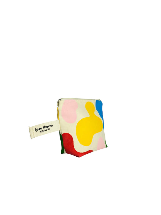 Jose Ibarra Estudio cream canvas cosmetic bag with abstract hand-painted colorful shapes. Internal cotton lining.