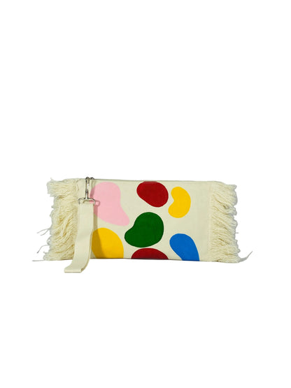 jose ibarra estudio large cream cotton clutch with hand-painted colorful abstract shapes and fringe detail