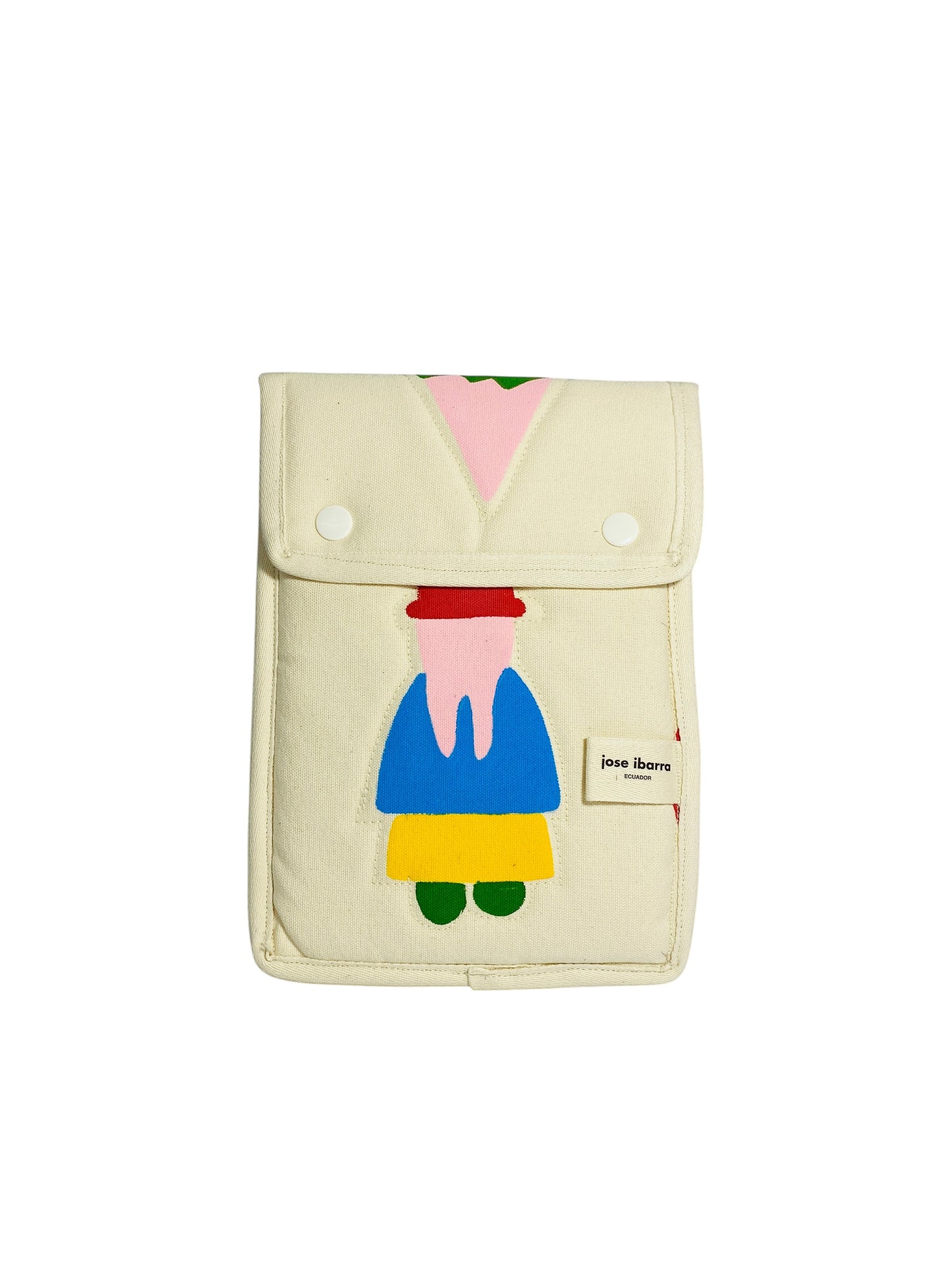 Jose Ibarra Estudio cream cotton iPad sleeve with hand-painted abstract figure in blue, yellow, red, and pink.
