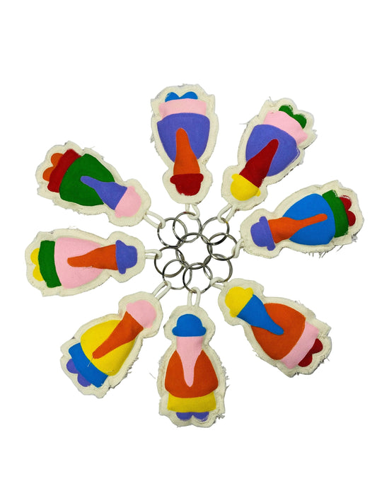 Jose Ibarra Estudio handmade fabric keychains with colorful abstract designs and figures. Thick cotton canvas, hand-painted.