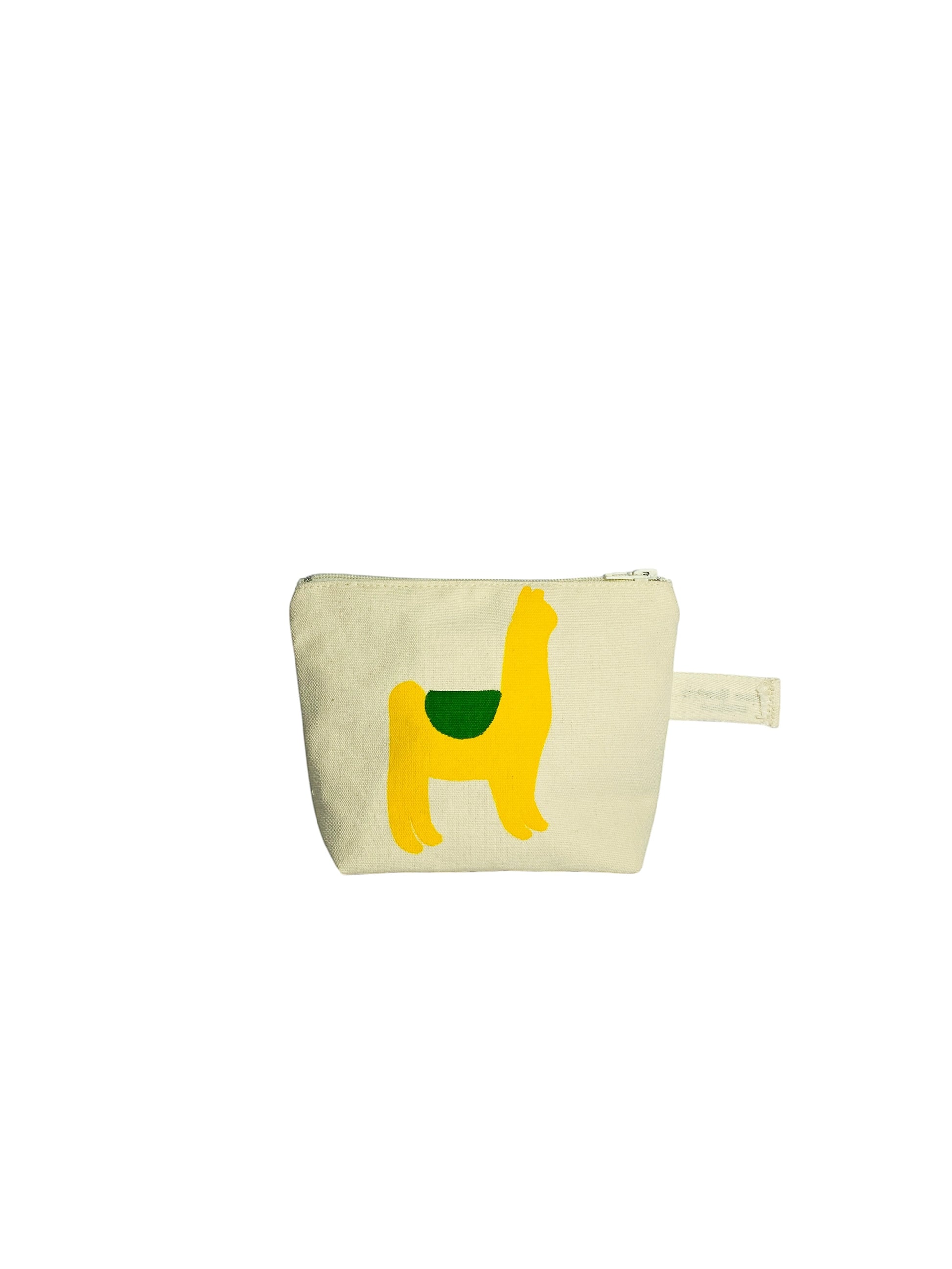 Jose Ibarra Estudio cream canvas cosmetic bag with yellow llama and green saddle detail, hand-painted design.