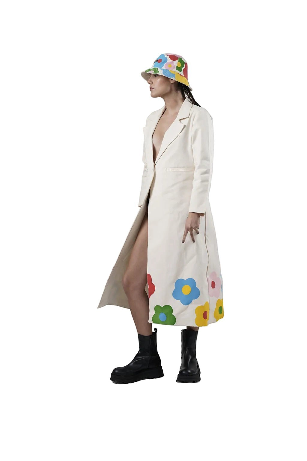 Jose Ibarra Estudio cream 100% cotton canvas long coat, hand-painted with colourful flowers. Model wearing size S.
