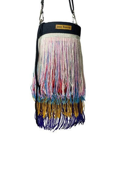 Jose Ibarra Estudio multicolor fringed bucket bag, hand-painted cotton canvas with traditional fringe detail.