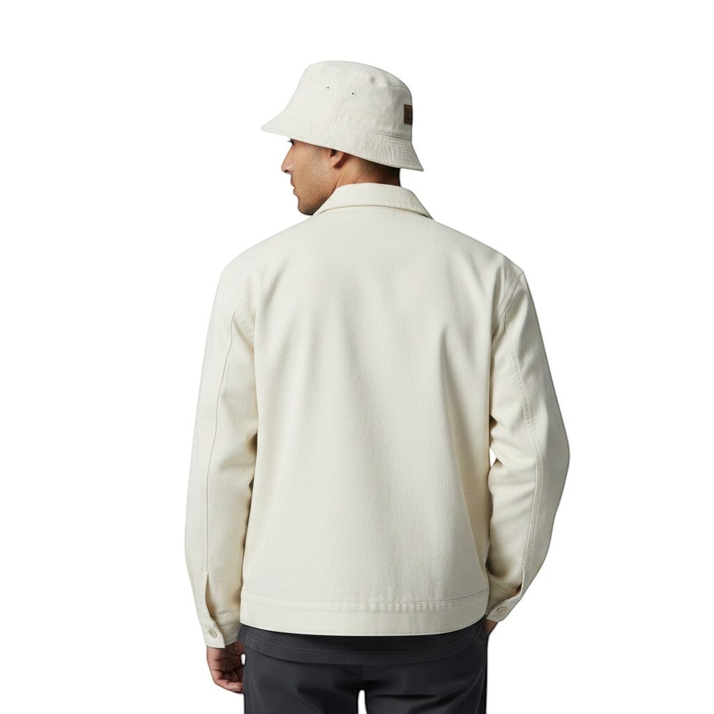 Jose Ibarra Estudio natural canvas cotton jacket with cotton lining. Unisex design. Model wears size M.
