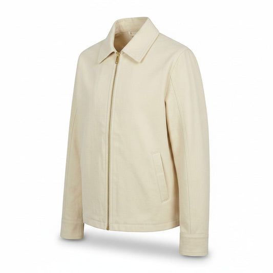 Jose Ibarra Estudio natural canvas unisex jacket with cotton lining and gold zipper. Classic collar style.