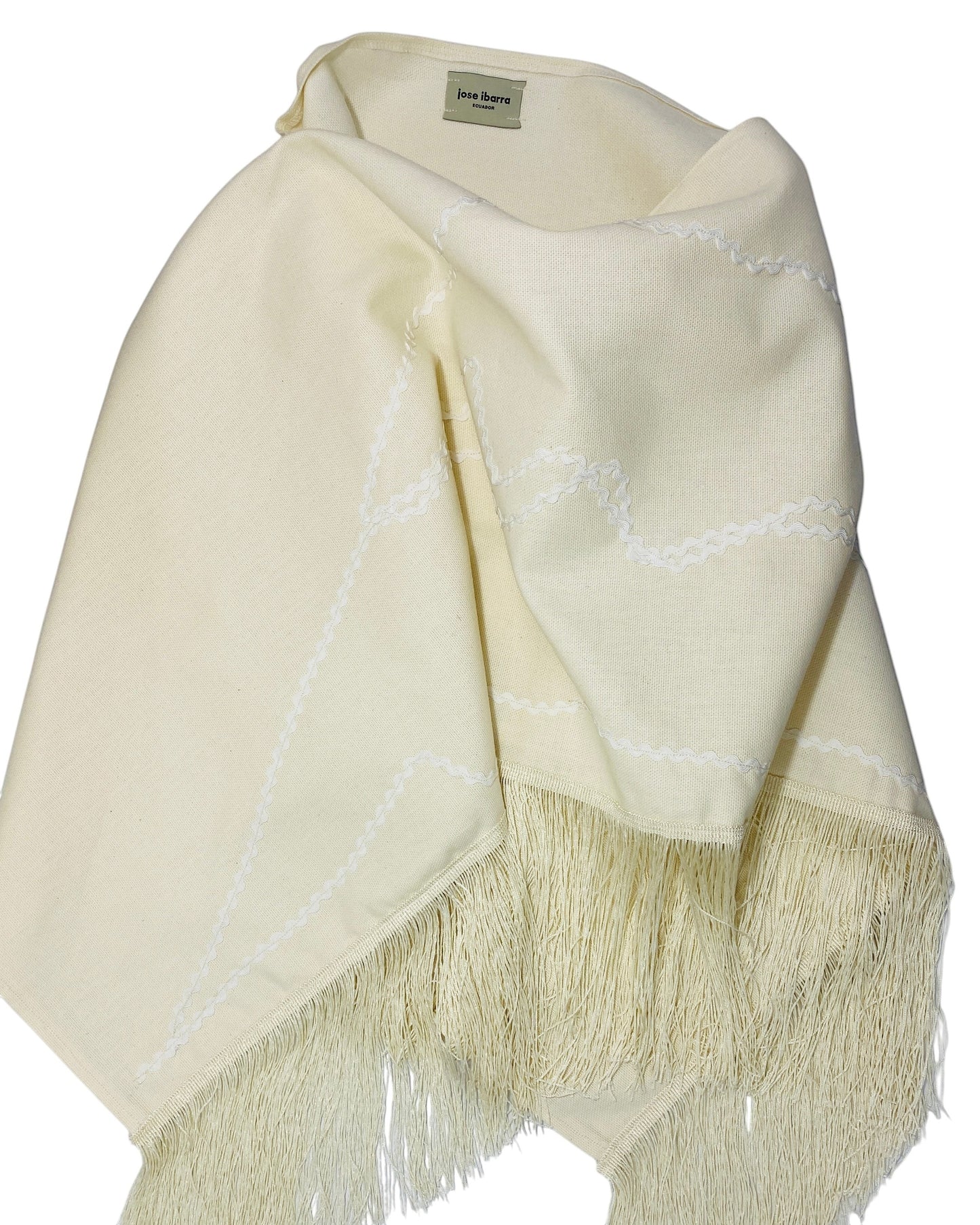 Jose Ibarra Estudio natural cream cotton and wool blend shawl with zigzag trim and fringe