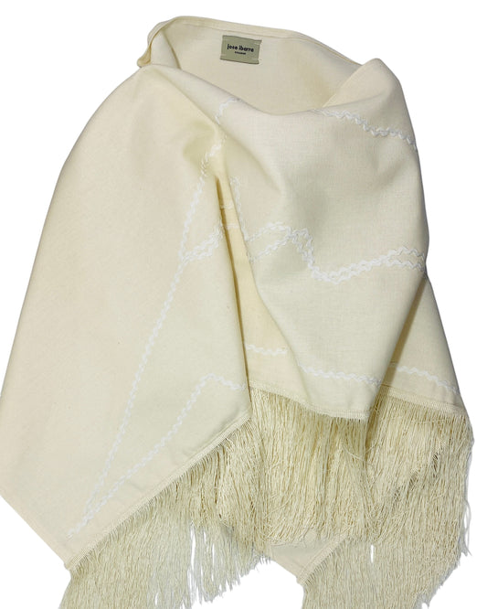 Jose Ibarra Estudio natural cream cotton and wool blend shawl with zigzag trim and fringe