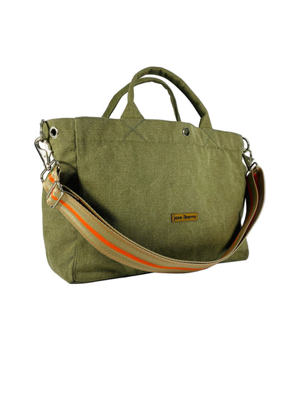 Jose Ibarra Estudio olive green canvas tote bag with orange stripe detail on strap, includes shoulder strap.