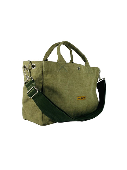 Jose Ibarra Estudio olive green canvas tote bag with adjustable strap and internal pockets. Medium size.