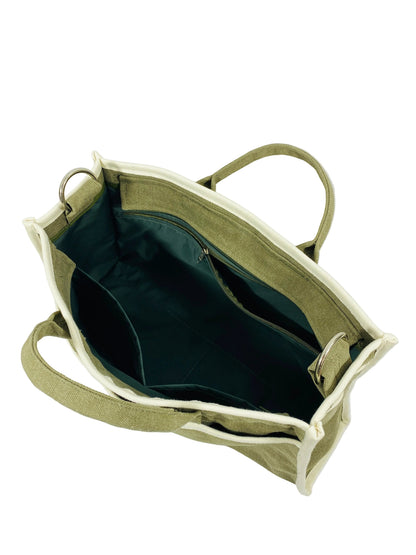Jose Ibarra Estudio olive green thick canvas tote bag with internal pockets and zip closure, includes strap.