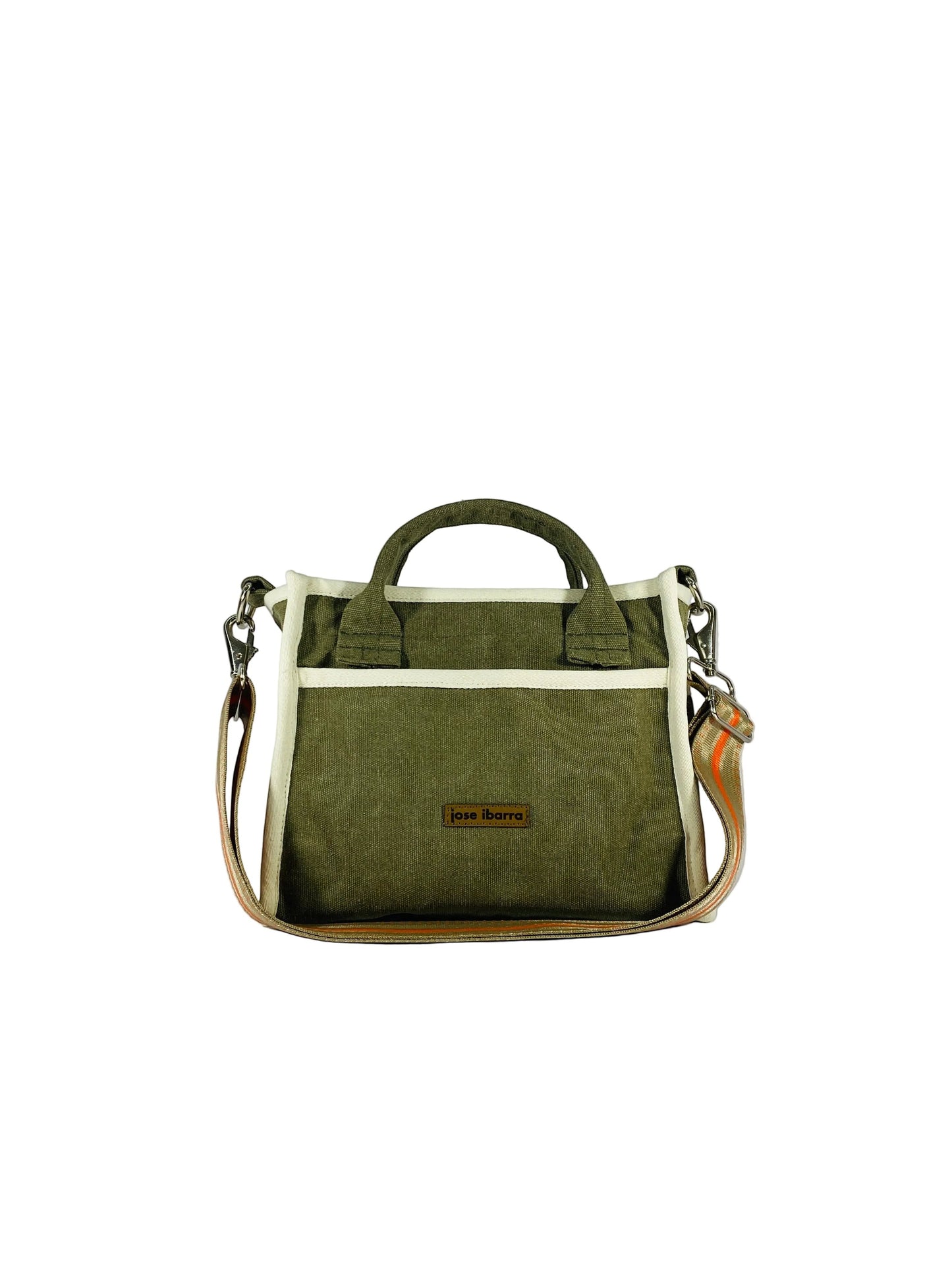 Jose Ibarra Estudio olive green thick canvas medium tote bag with cream trim and adjustable strap.