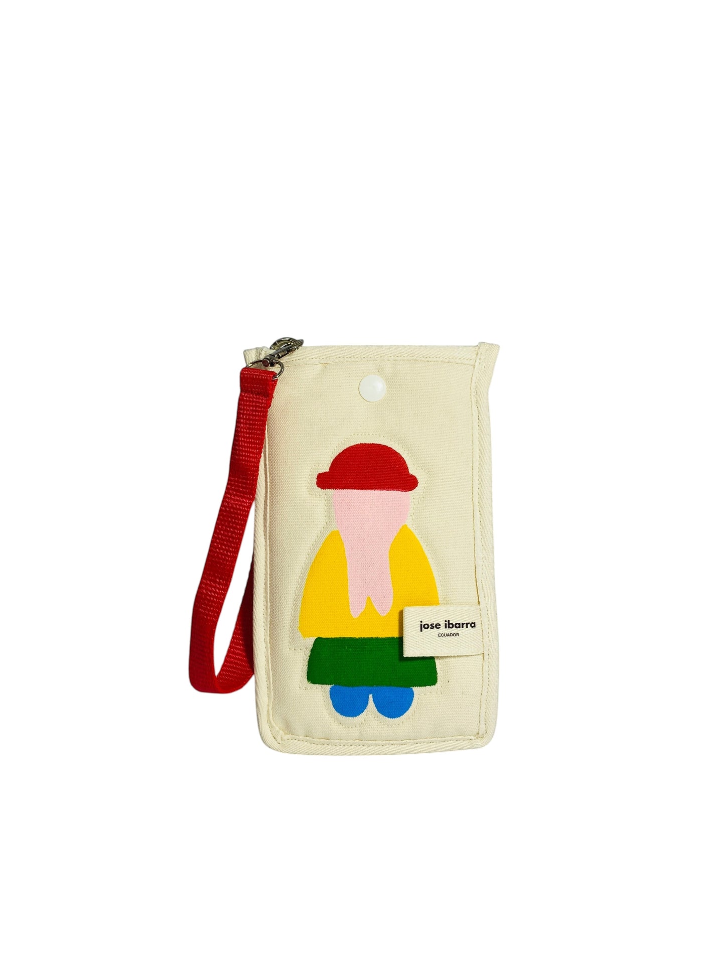 Jose Ibarra Estudio cream cotton phone pouch with hand-painted abstract figure in red, yellow, green, and blue. Features red strap.