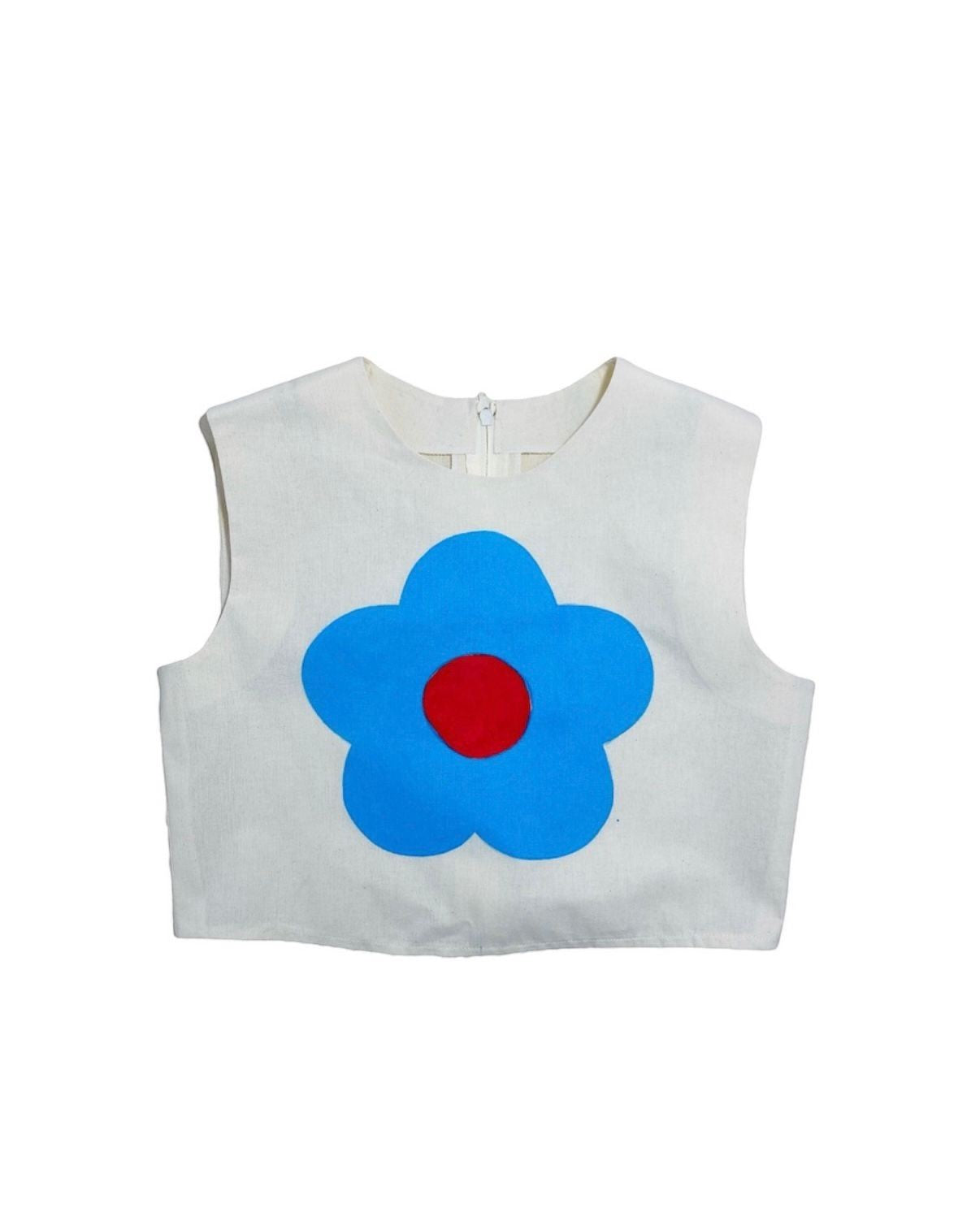 Jose Ibarra Estudio white 100% cotton sleeveless crop top with a blue flower and red center, hand-painted.