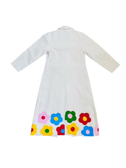 Jose Ibarra Estudio white 100% cotton canvas long jacket with hand-painted colorful flowers along the hem. Cotton lined.