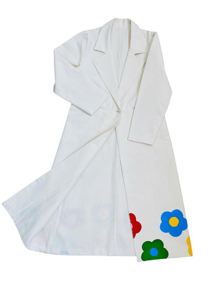 Jose Ibarra Estudio white 100% cotton long jacket, hand-painted with colorful flowers on the hem and lining.