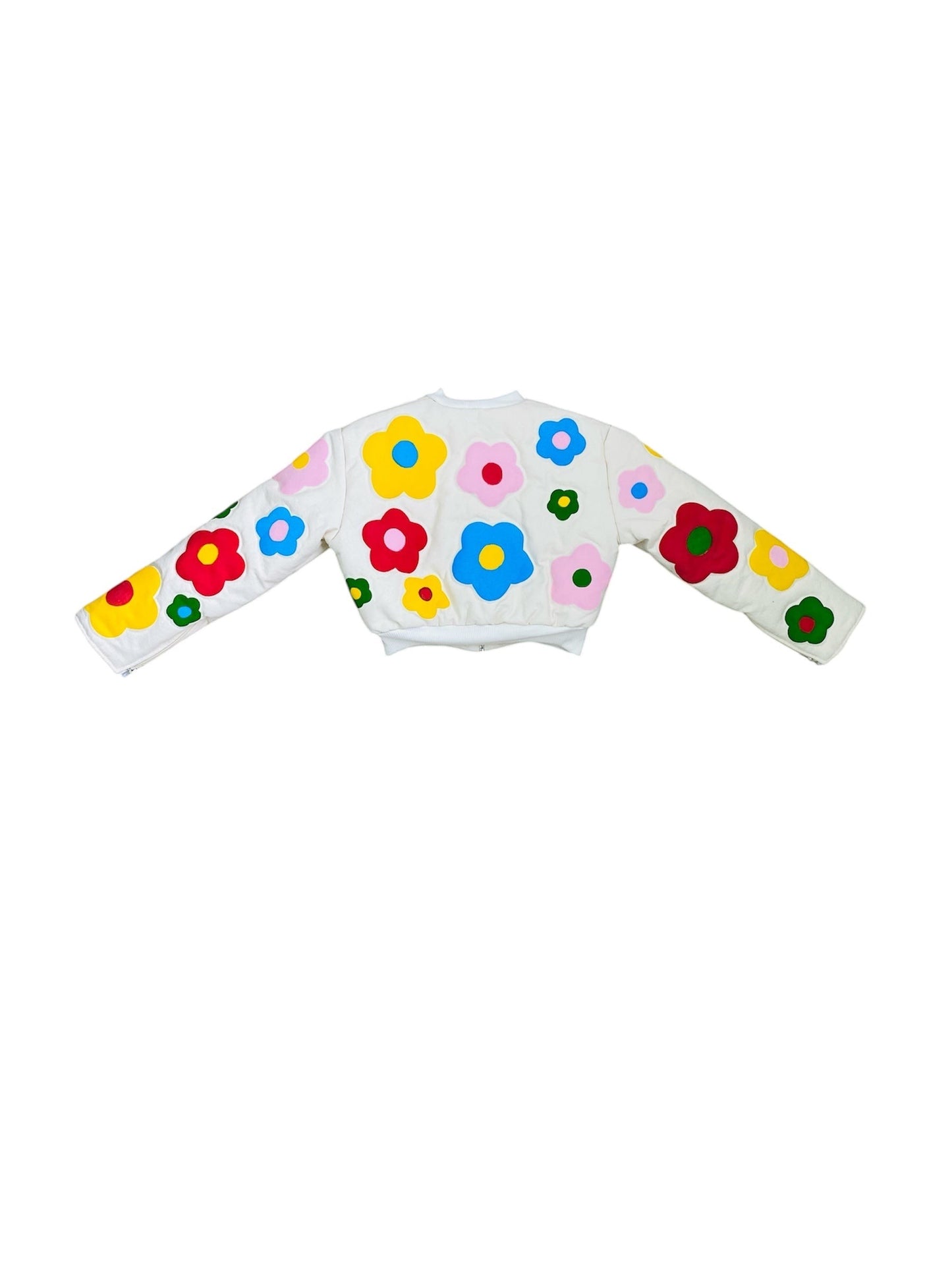 Jose Ibarra Estudio white quilted jacket with colourful hand-painted floral appliques and cotton lining.