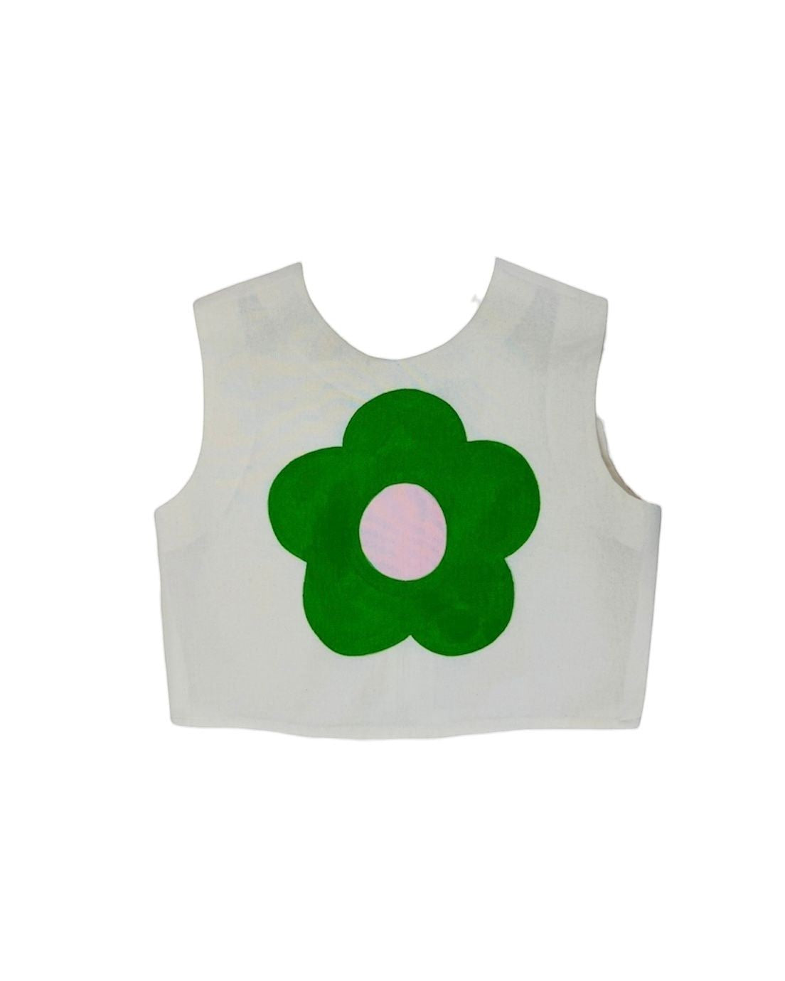 Jose Ibarra Estudio white 100% cotton sleeveless blouse with a large green flower hand-painted design and pink center.