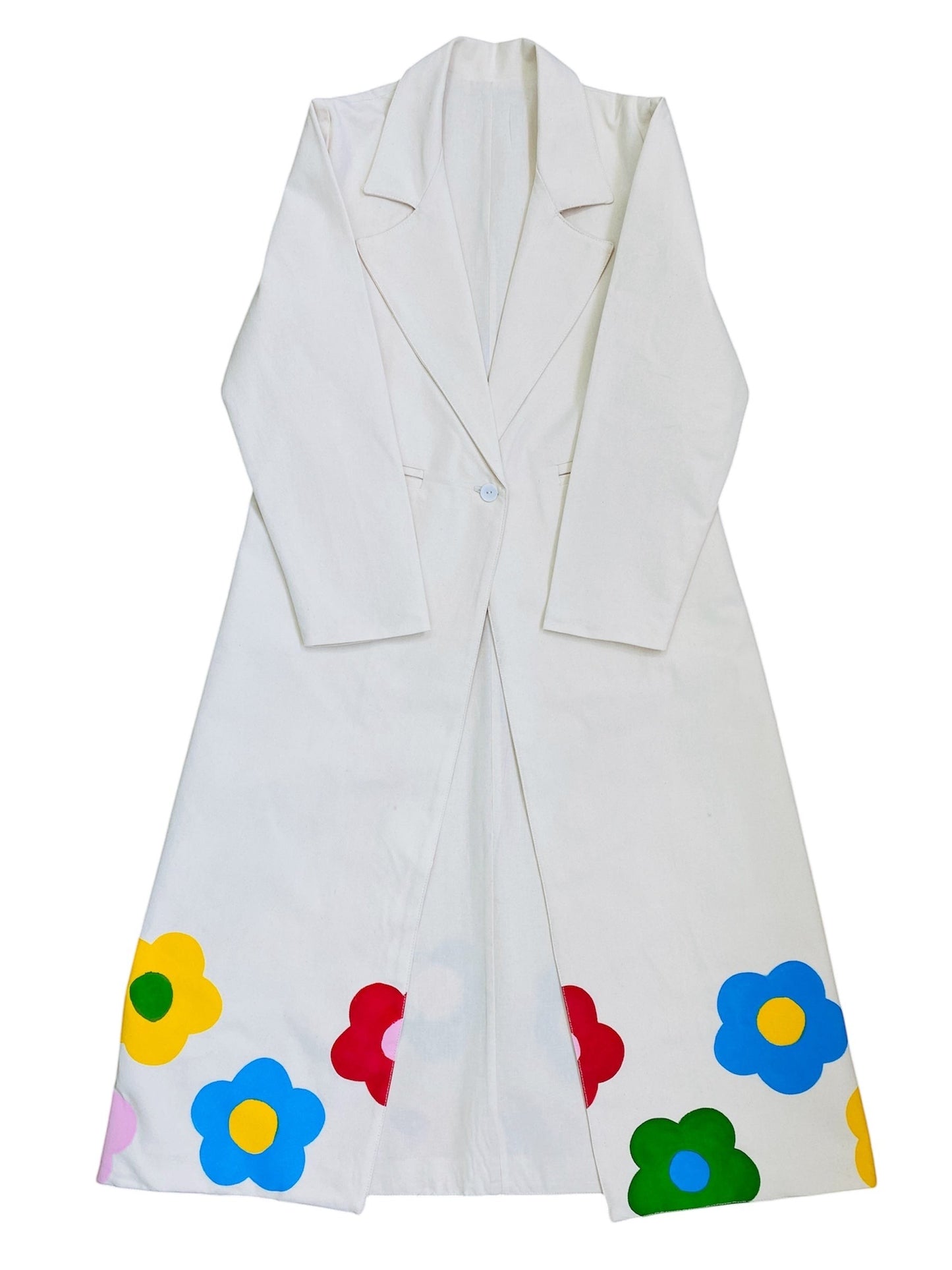 Jose Ibarra Estudio white 100% cotton canvas long jacket, hand-painted with colorful flowers on the hem.